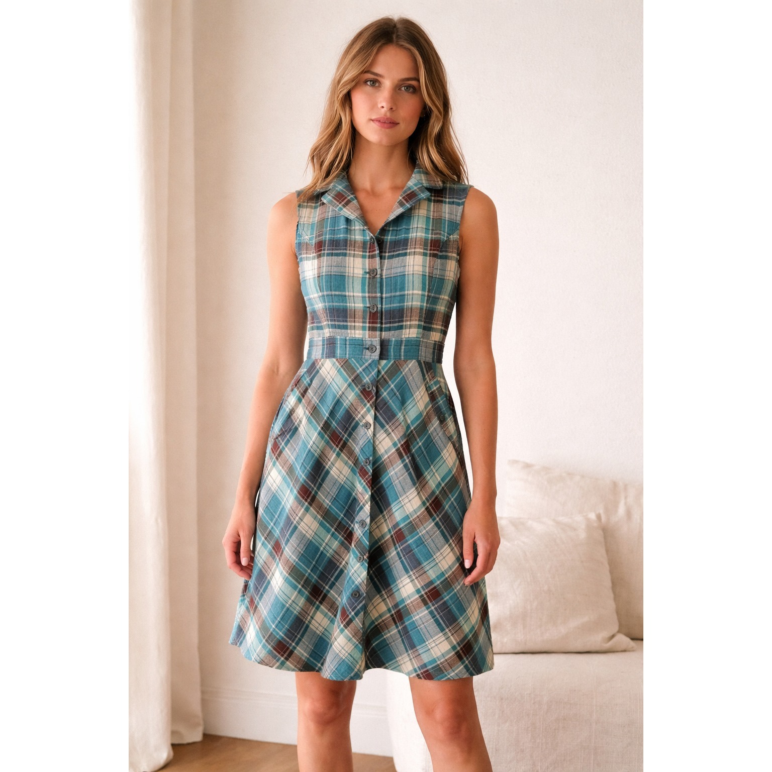 Chatelaine Korea Plaid Sleeveless Midi Shirt Dress Linen Sz 95 Us Small Preppy